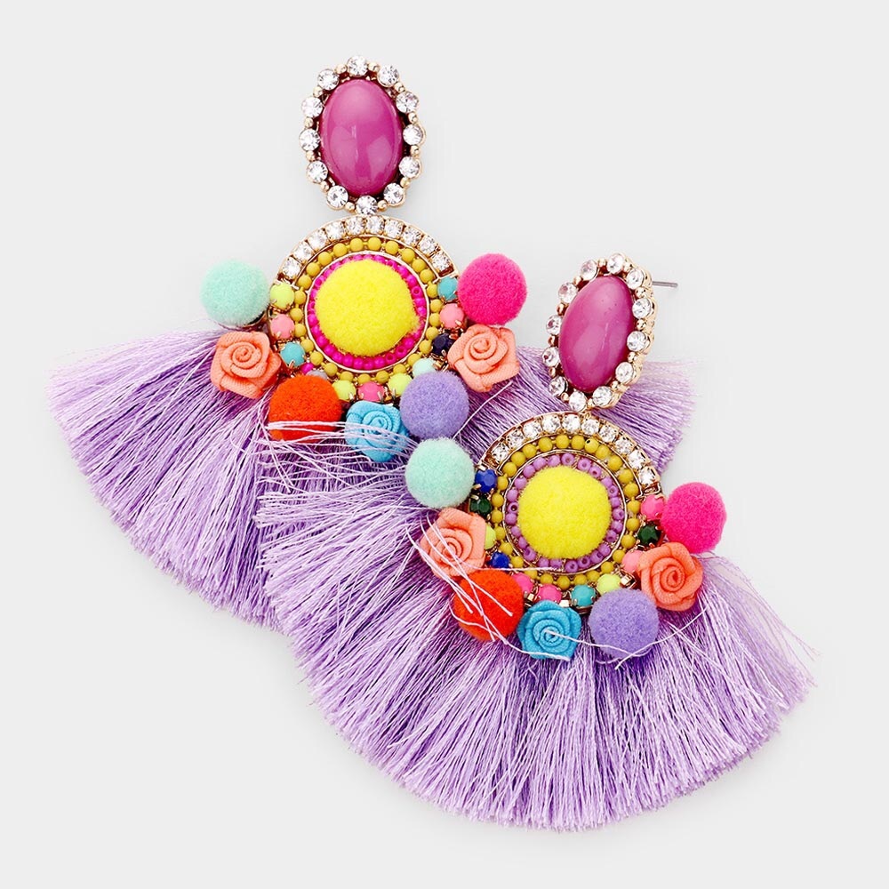 Tassel Pom Pom Earrings - Picture 2 of 3